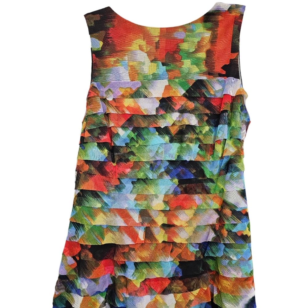London Times Jeweltones Abstract Paint Splash Tiered Sleeveless Mesh Dress - Picture 6 of 15